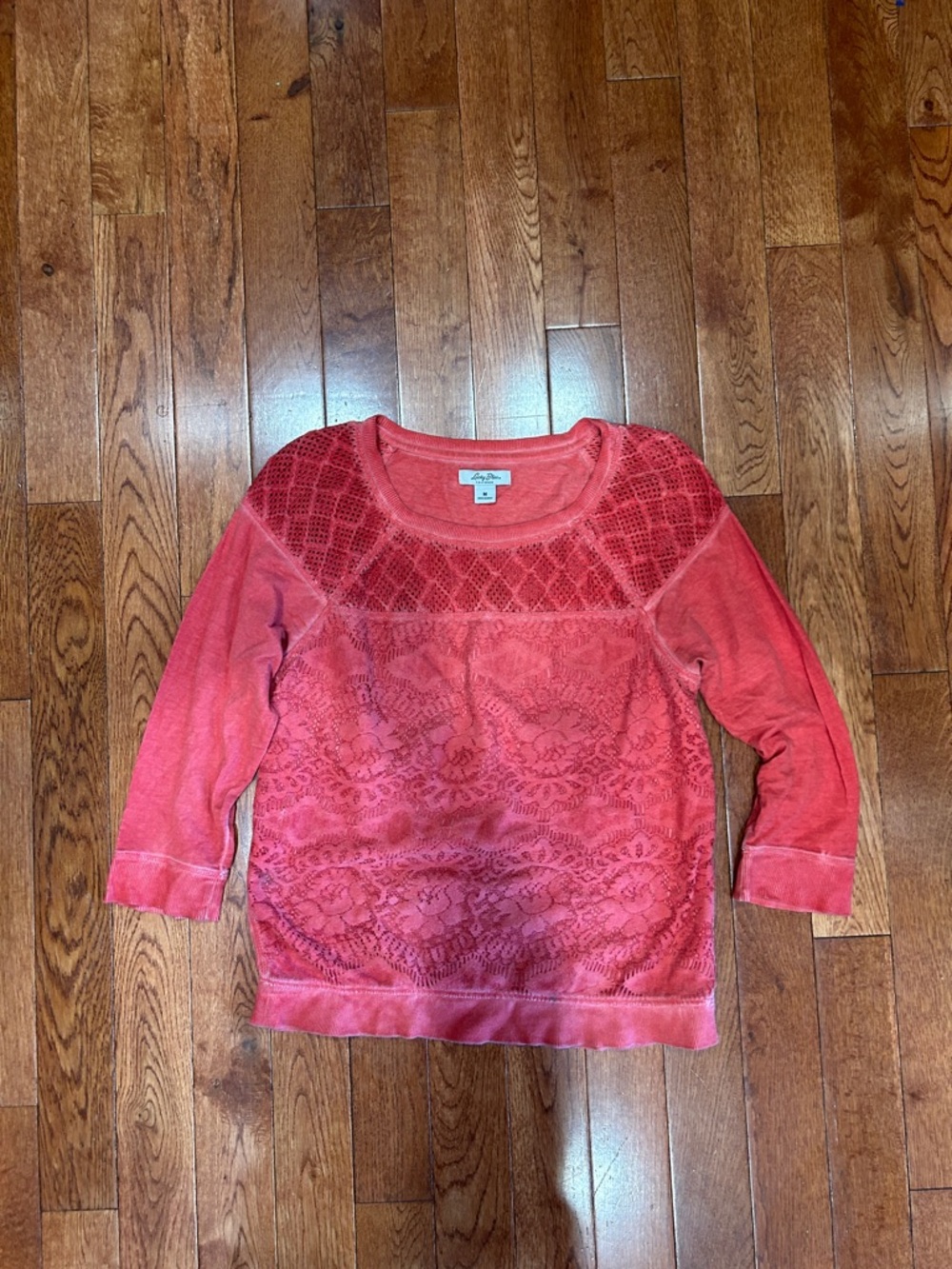 Lucky & Blessed Coral Lace-Overlay Pullover Top
